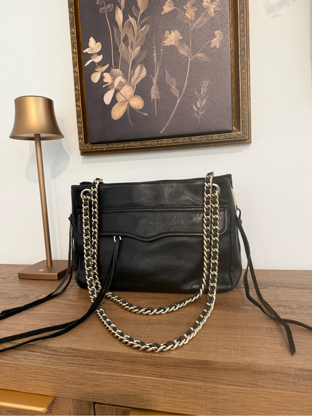 Rebecca Minkoff Black Leather Shoulder Bag with Gold Chain Straps - Picture 2 of 8